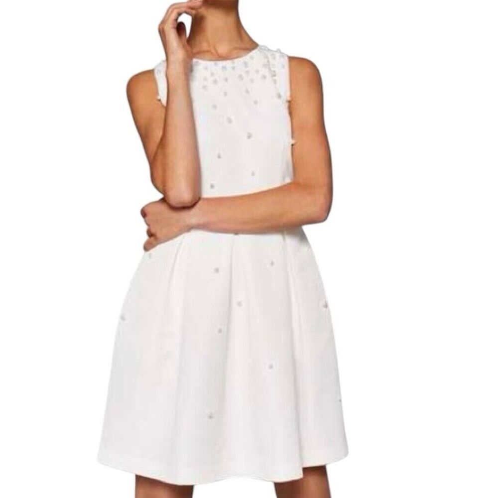 Ted Baker Milliea Ivory Faux Pearl Embellished Skater Dress US 6 Semi Formal